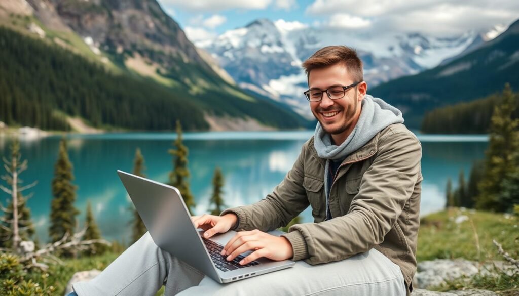 Happy digital nomad working in scenic Canadian location Happy digital nomad working in scenic Canadian location